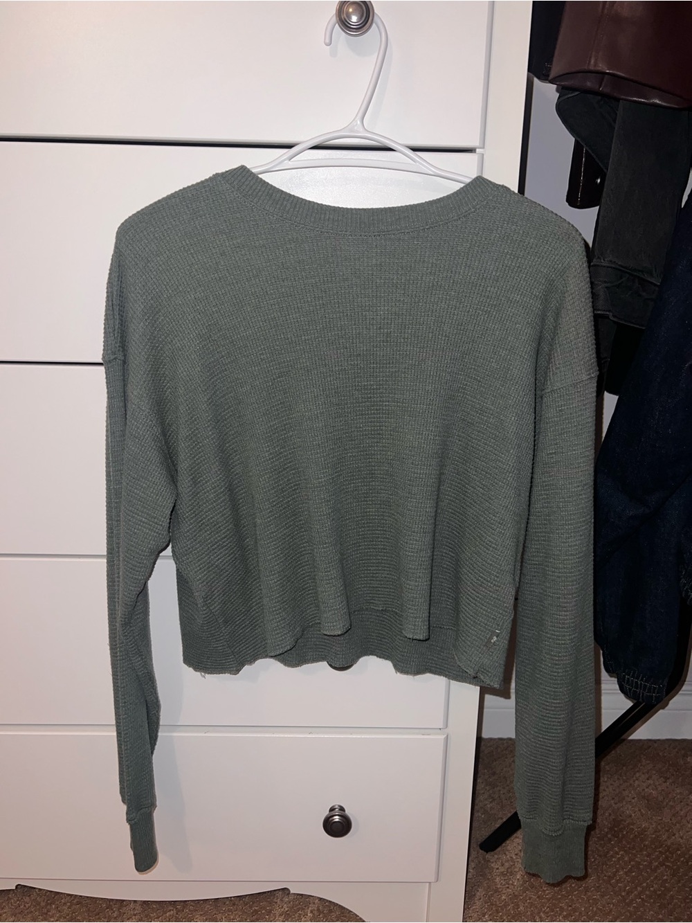 TNA Olive Green Waffle-Knit Cropped Crew Sweatshirt